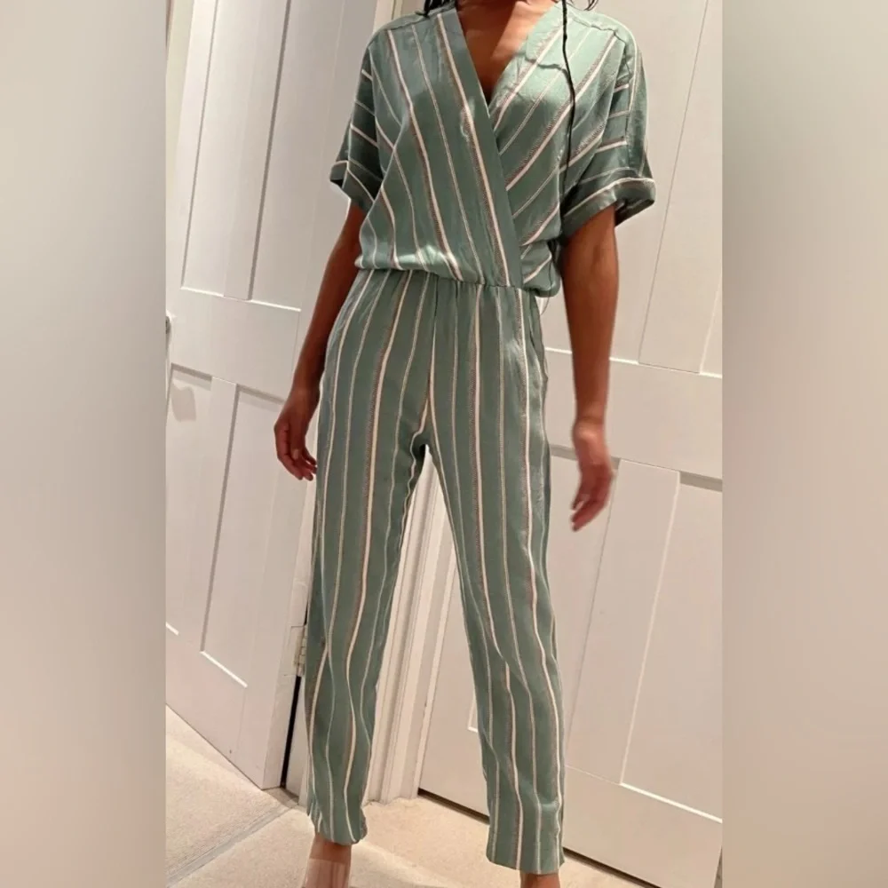 Maje Pandora Woven Stripe Twill Jacquard Jumpsuit Sz 34 / XS / 2 Aqua teal ASO